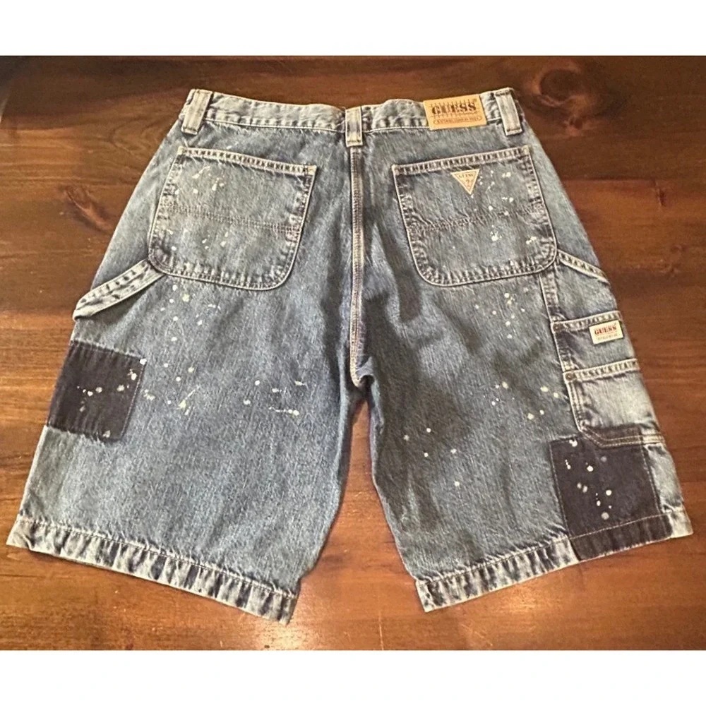 Guess Paint Splatter Carpenter Jean Shorts Cargo 32 Utility Denim Grunge 90s